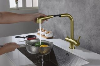 Смеситель для кухни Timo Saona 2346/17FL с подключением фильтра и выдвижной лейкой золото матовое